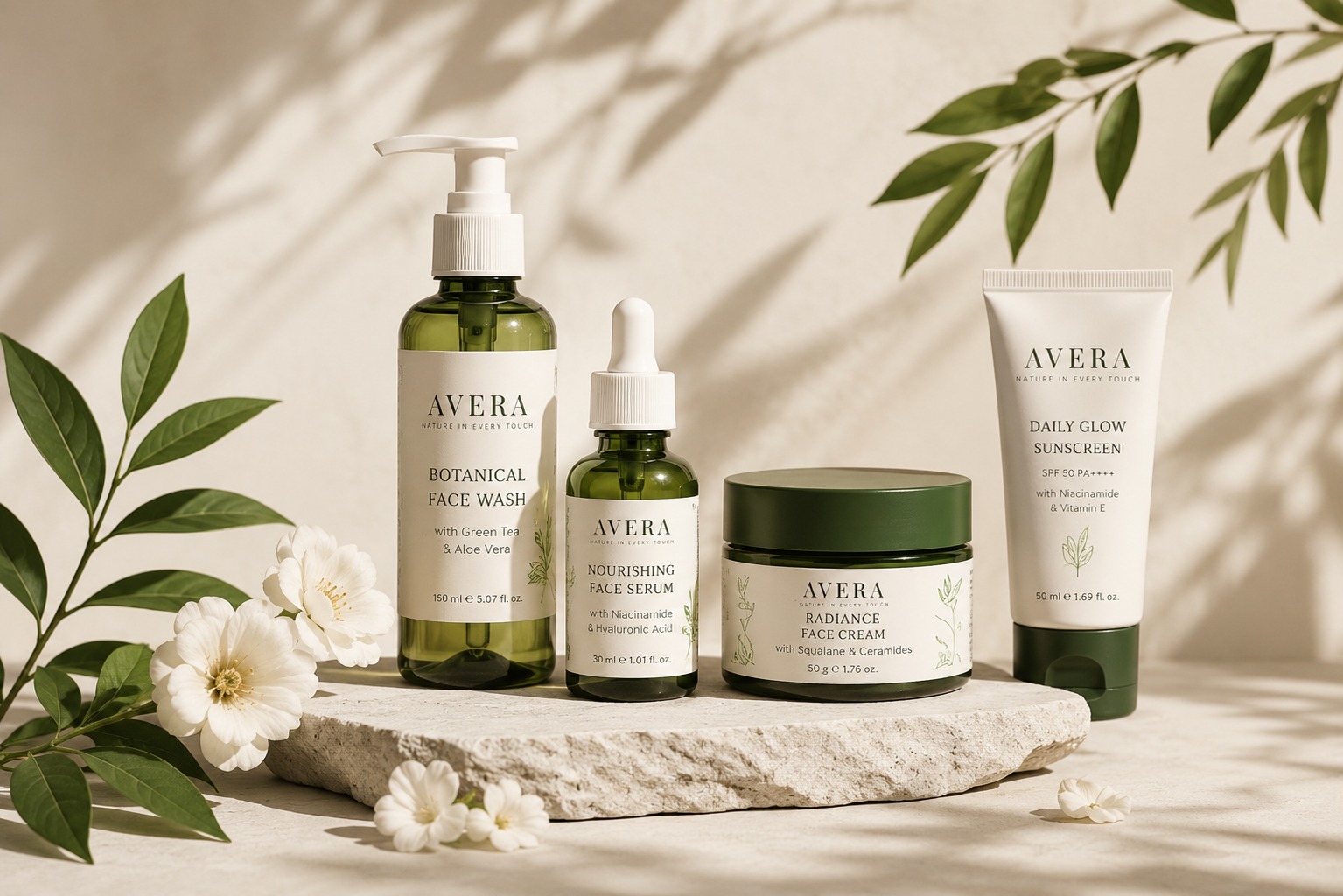 Avera botanical skincare products in natural light